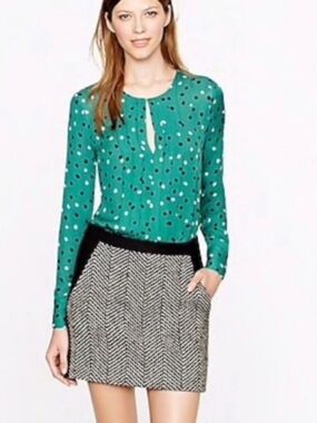J. Crew Silk Pleated Polka dot Long Sleeve Blouse Green size 0